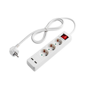POWER STRIP 3 SOCKETS+SWITCH+2USB(2.1A TOTAL) H05VV-F3G1.5mm-1.5M, 16A, 250V, Max3500W - BLANC
