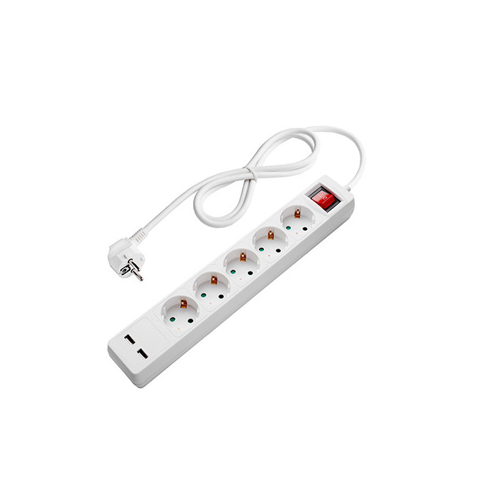 POWER STRIP 5 SOCKETS+SWITCH+2USB(2.1A TOTAL) H05VV-F3G1.5mm-1.5M, 16A, 250V, Max3500W - BLANC