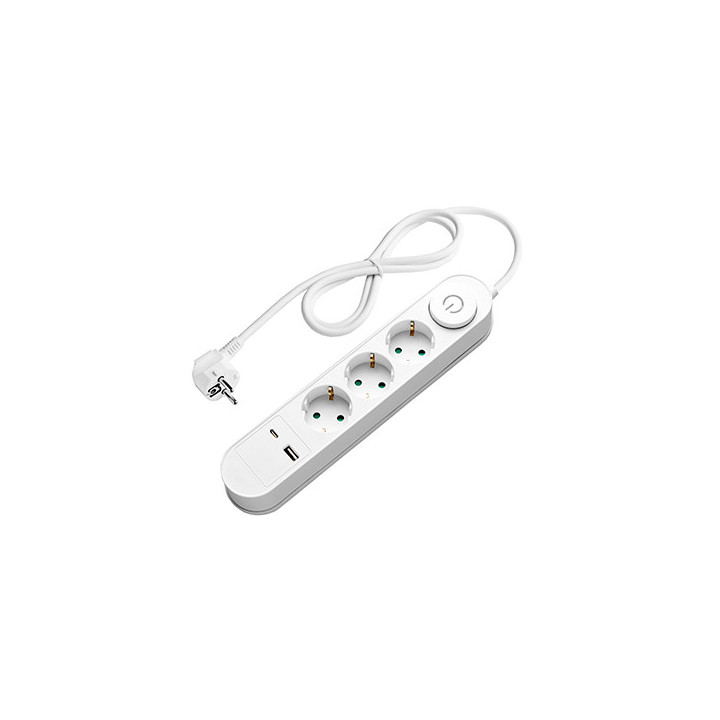 POWER STRIP 3 SOCKETS+SWITCH+USB-A(1A)+USB-C(PD18W) H05VV-F3G1.5mm-1.5M, 16A, 250V, Max3500W - BLANC