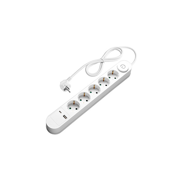 POWER STRIP 5 SOCKETS+SWITCH+USB-A(1A)+USB-C(PD18W) H05VV-F3G1.5mm-1.5M, 16A, 250V, Max3500W - BLANC